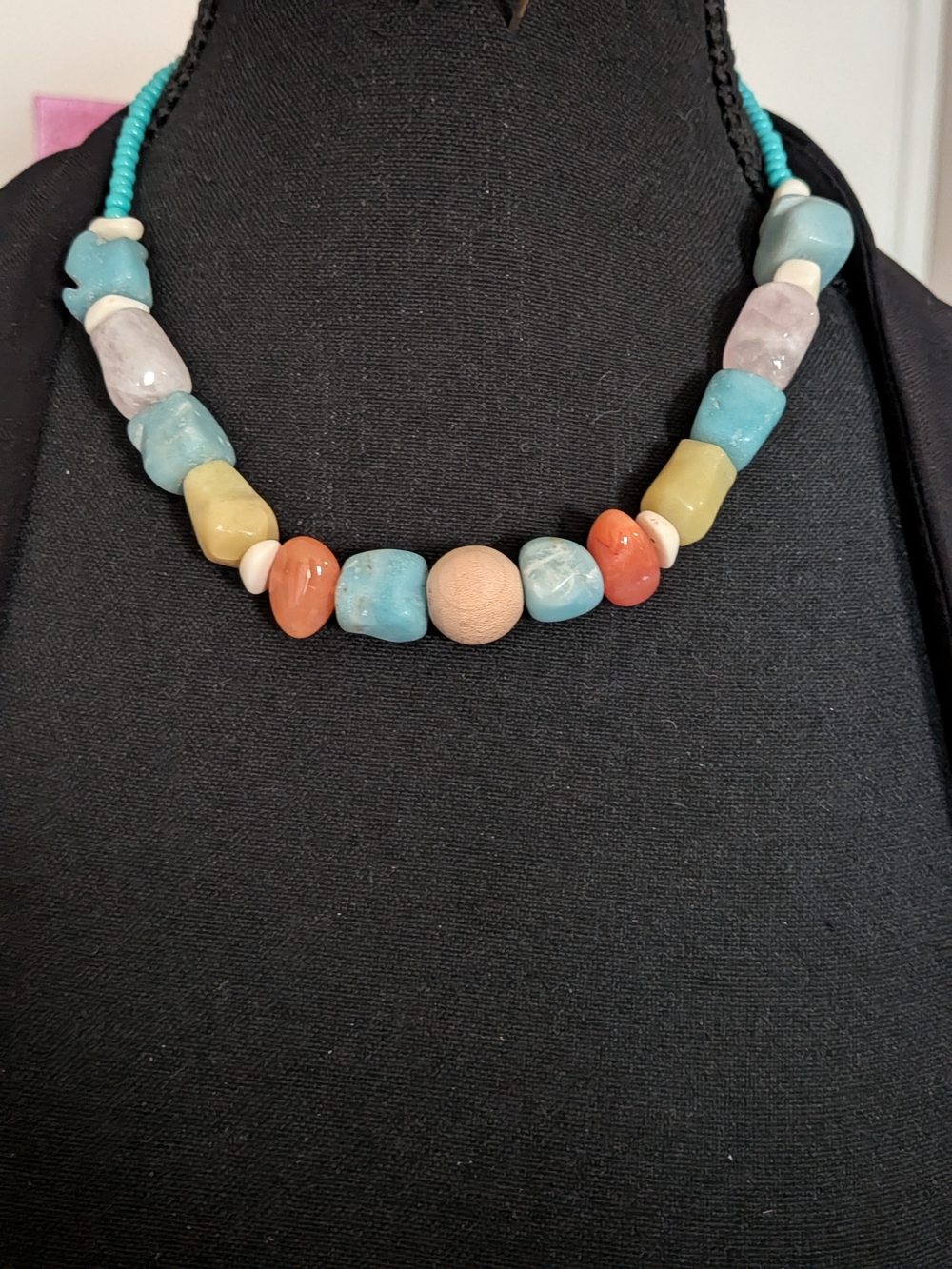 Handmade Multicolor Stone Bead Necklace - Turquoise, Coral & Cream